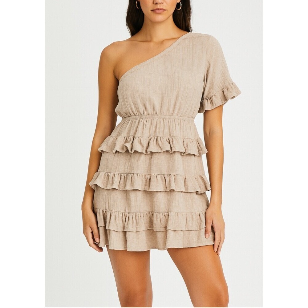 Olivaceous dress ruffle khaki 100% Cotton one shoulder short tiered SZ M BoHo